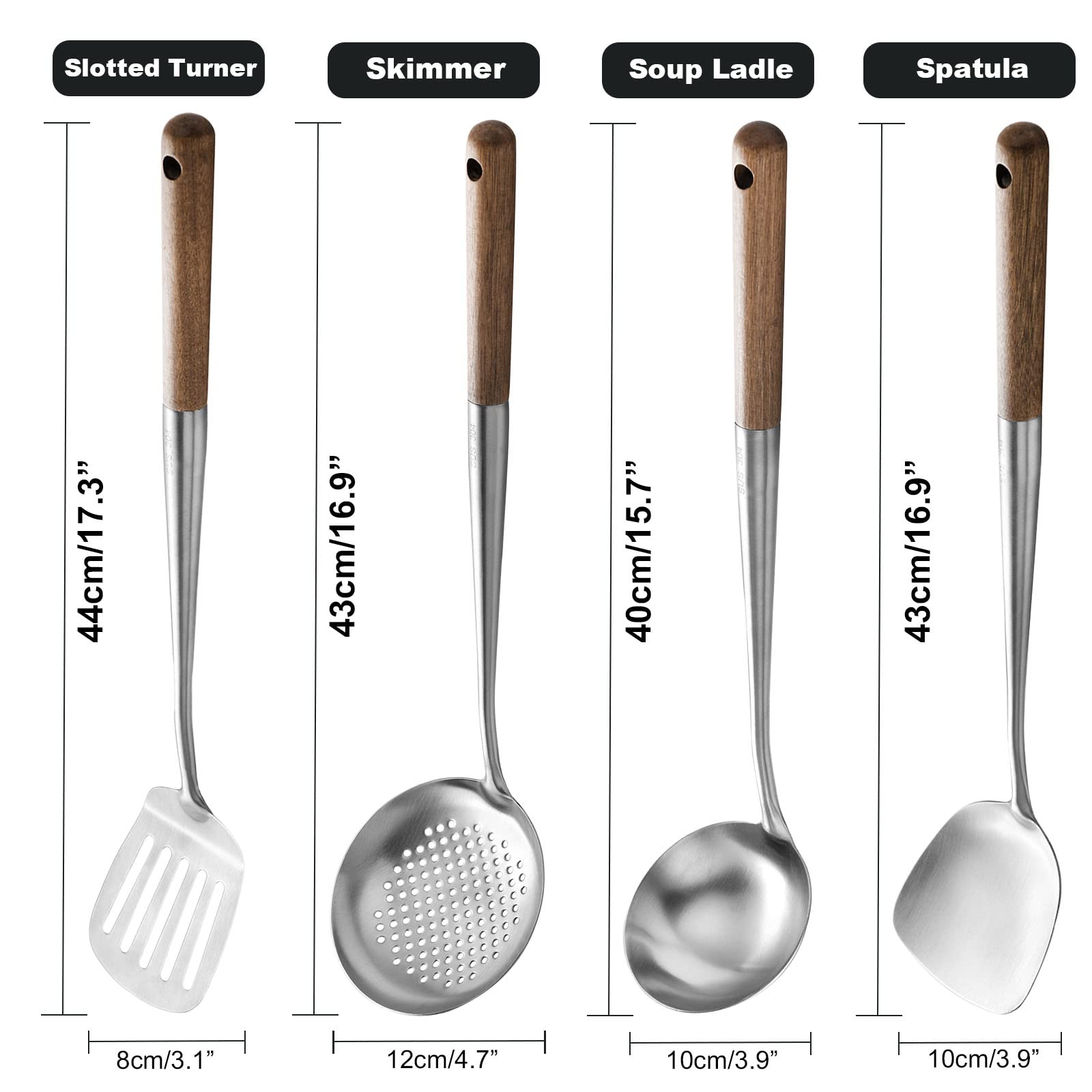 NIITAWH Wok Utensils for Carbon Steel, Stainless Steel Wok Spatula Metal, 4-Pieces 17 Inch Extra Long, Wok Tools Professional Set, Wooden Handle Skimmer, Soup Ladle, Slotted Turner