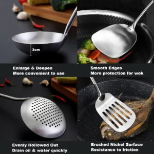 NIITAWH Wok Utensils for Carbon Steel, Stainless Steel Wok Spatula Metal, 4-Pieces 17 Inch Extra Long, Wok Tools Professional Set, Wooden Handle Skimmer, Soup Ladle, Slotted Turner