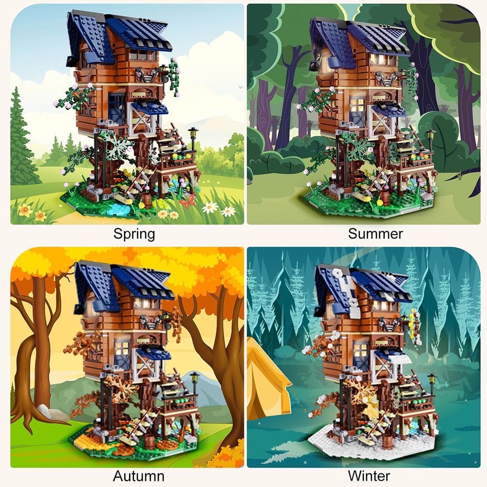 VATOS Tree House STEM Toy, 1155PCS Creative Building Set for Kids with LED Light | 4 Seasons in 1 Treehouse Building Bricks Forest House for 6 7 8 9 10+ Girls Boys Christmas Birthday Gift