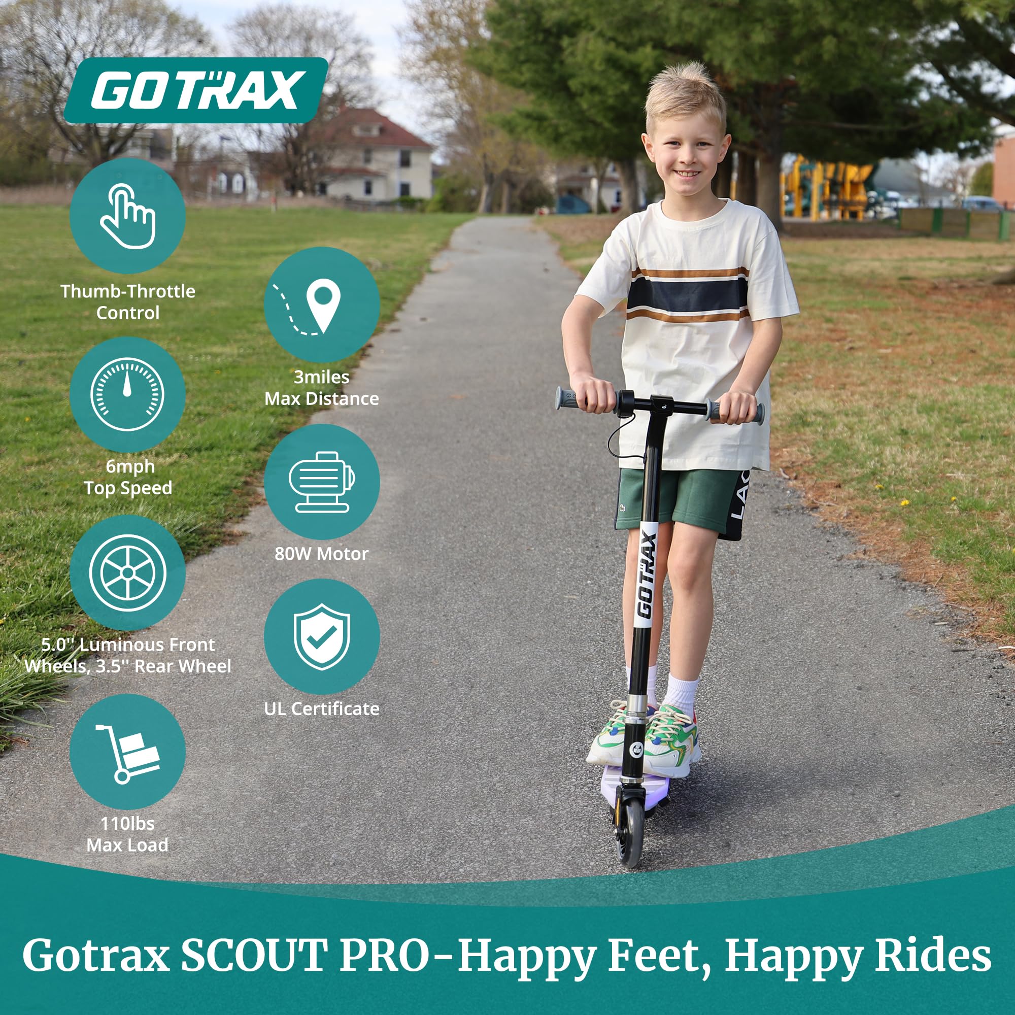 Gotrax SCOUT PRO Kids Electric Scooter, Max 6Mph and 30min Riding Time, Thumb-Throttle Control with PU luminous Front Wheels (5.0''), Ideal Kick Scooter for Kids Ages 4-7, Black