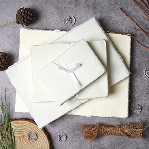 50 Sheets - Rough/Textured Watercolor Paper - 9.5 X 12.5 inches(150GSM) - Handmade/Deckle Edge Paper Made from Virgin Egyptian Cotton - Off-White by Leather Village