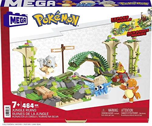 MEGA Pokemon Action Figure Building Toy, Jungle Ruins with 464 Pieces, Motion and 3 Characters, Cubone Charmander Omanyte, Gift Idea for Kids