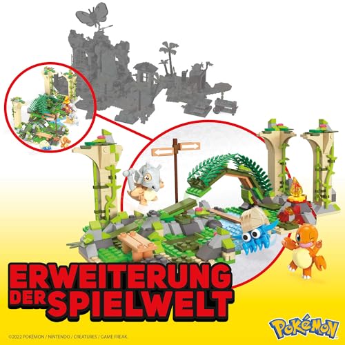 MEGA Pokemon Action Figure Building Toy, Jungle Ruins with 464 Pieces, Motion and 3 Characters, Cubone Charmander Omanyte, Gift Idea for Kids