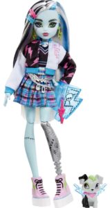 monster high doll, frankie stein with blue & black streaked hair in signature look with fashion accessories & pet dog watzie