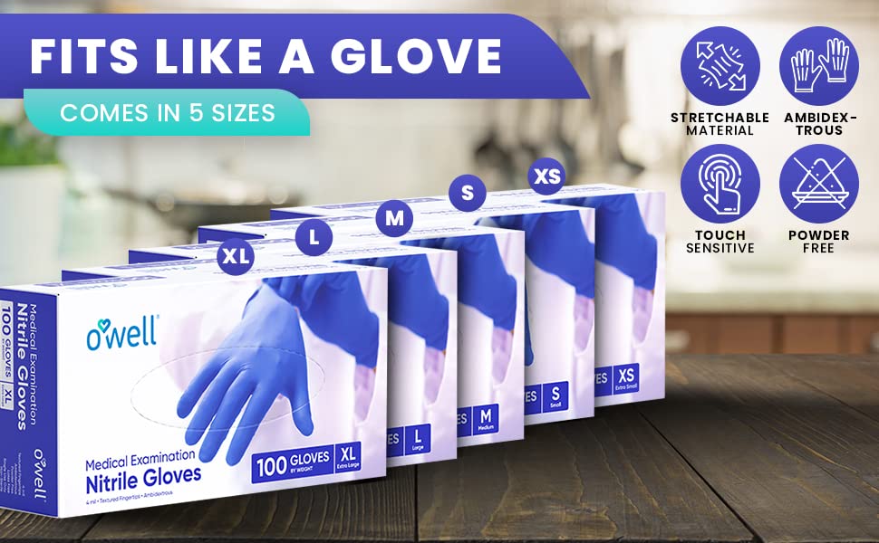 OWELL Medical Exam Nitrile Gloves | MEDIUM | 4mil Disposable Gloves, Powder-Free, Latex-Free Food Safe Certified Gloves (100ct)