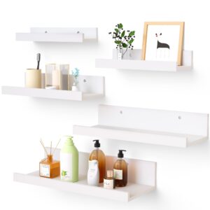 Upsimples Home Floating Shelves for Wall Decor Storage, Wall Shelves Set of 5, Wall Mounted Wood Shelves for Bedroom, Living Room, Bathroom, Kitchen, Small Picture Ledge Shelves, White