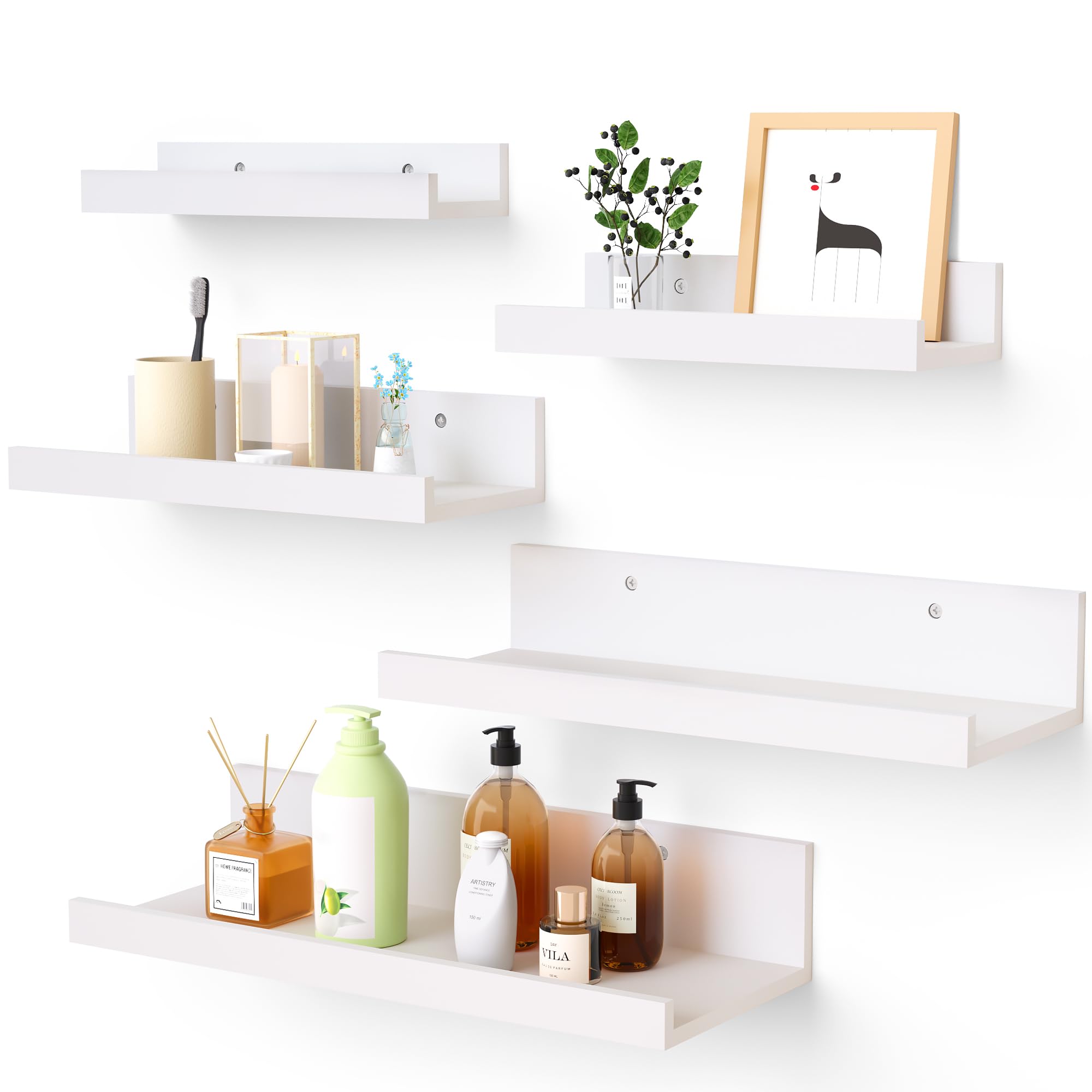 Upsimples Home Floating Shelves for Wall Decor Storage, Wall Shelves Set of 5, Wall Mounted Wood Shelves for Bedroom, Living Room, Bathroom, Kitchen, Small Picture Ledge Shelves, White