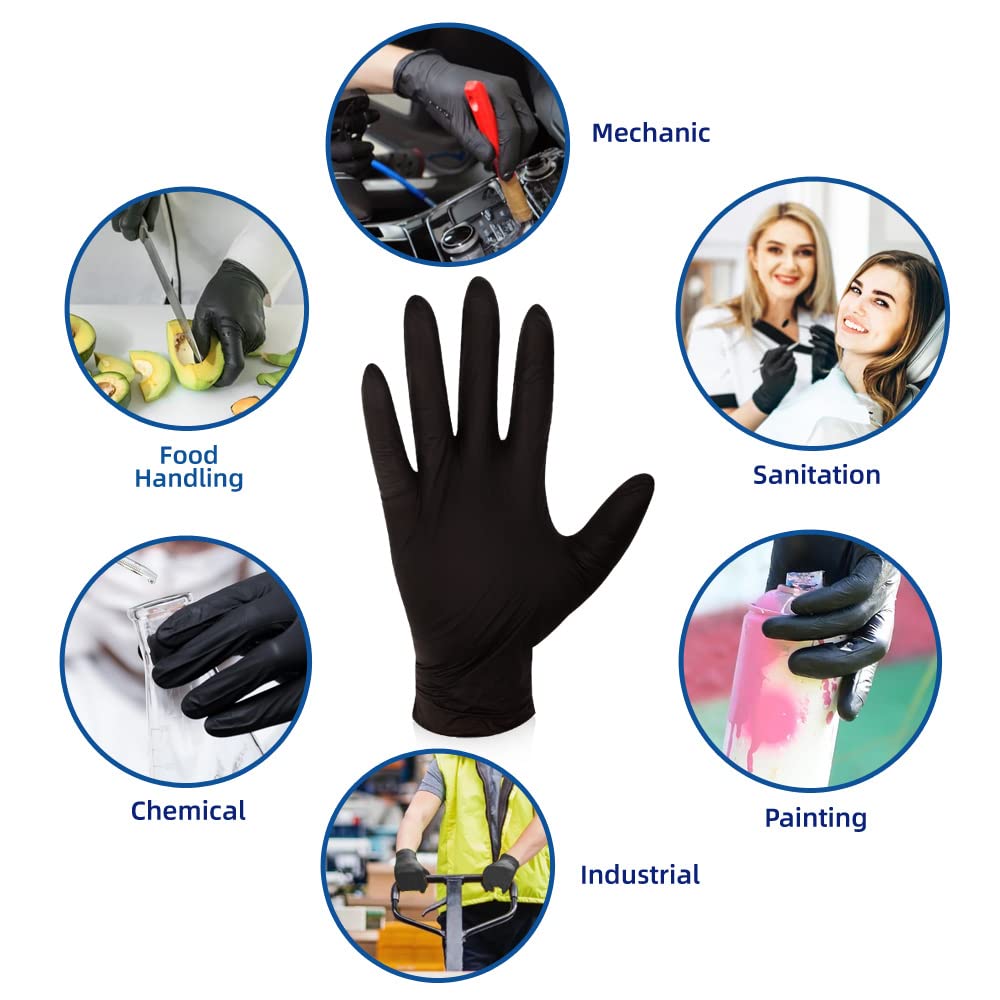 KKD Gloves Disposable Latex Free & Powder Free, 100 Count 5.5 Mil Black Nitrile Gloves for Cleaning, Food Handling, Cooking, Industrial Use, Medium