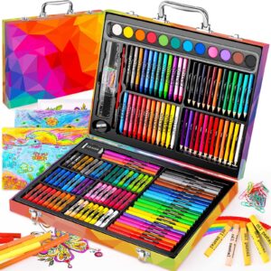 soucolor arts and crafts supplies, 183-pack drawing painting set for kids girls boys teens, coloring art kit gift case: crayons, oil pastels, watercolors cake, colored pencils markers, sketch paper