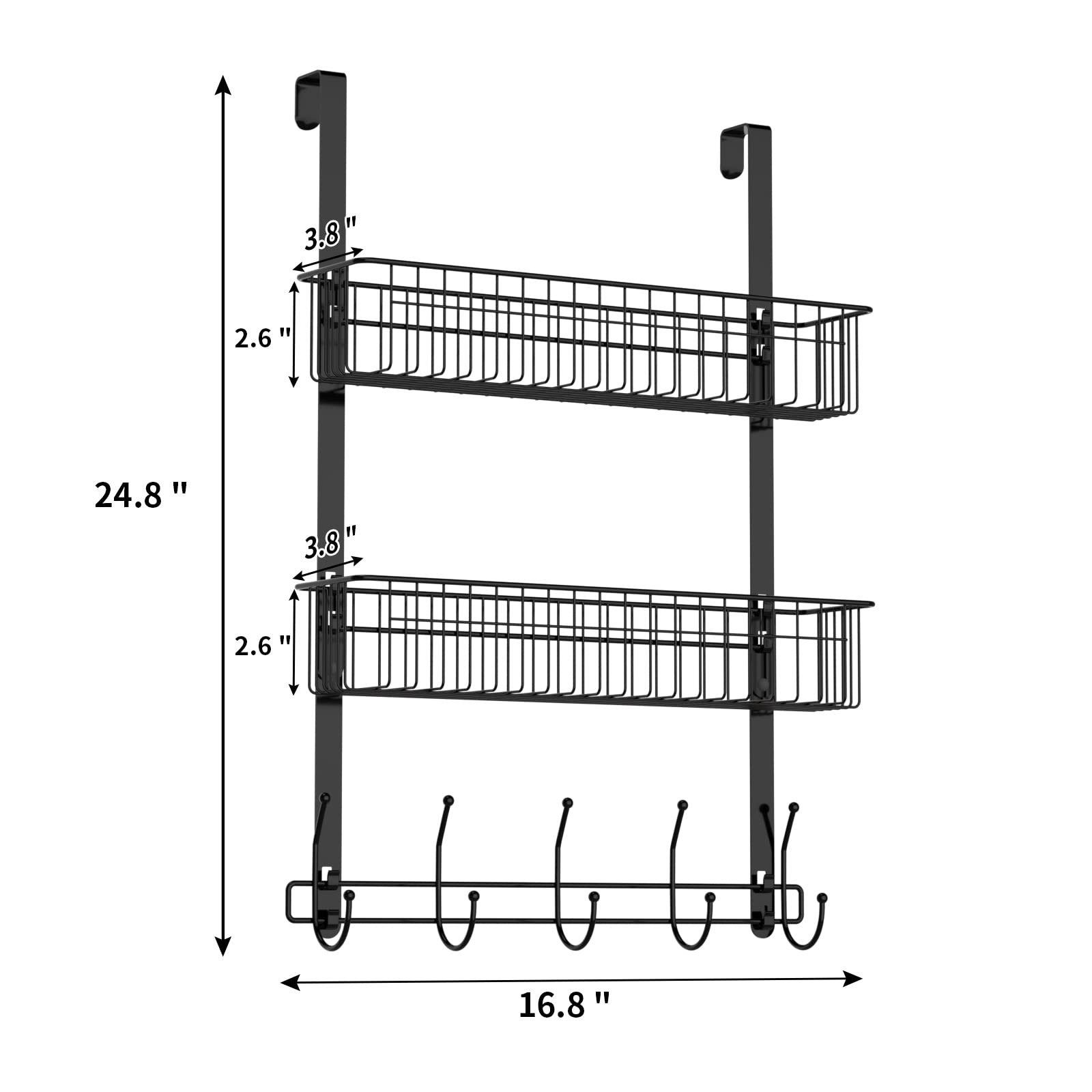 Aimeaihe Over The Door Hooks, Door Hanger Towel Rack with 5 Coat Hooks & 2 Mesh Basket, Over Door Organizer for Bathroom, Bedroom, Kitchen, Office, Easy Installation, Black