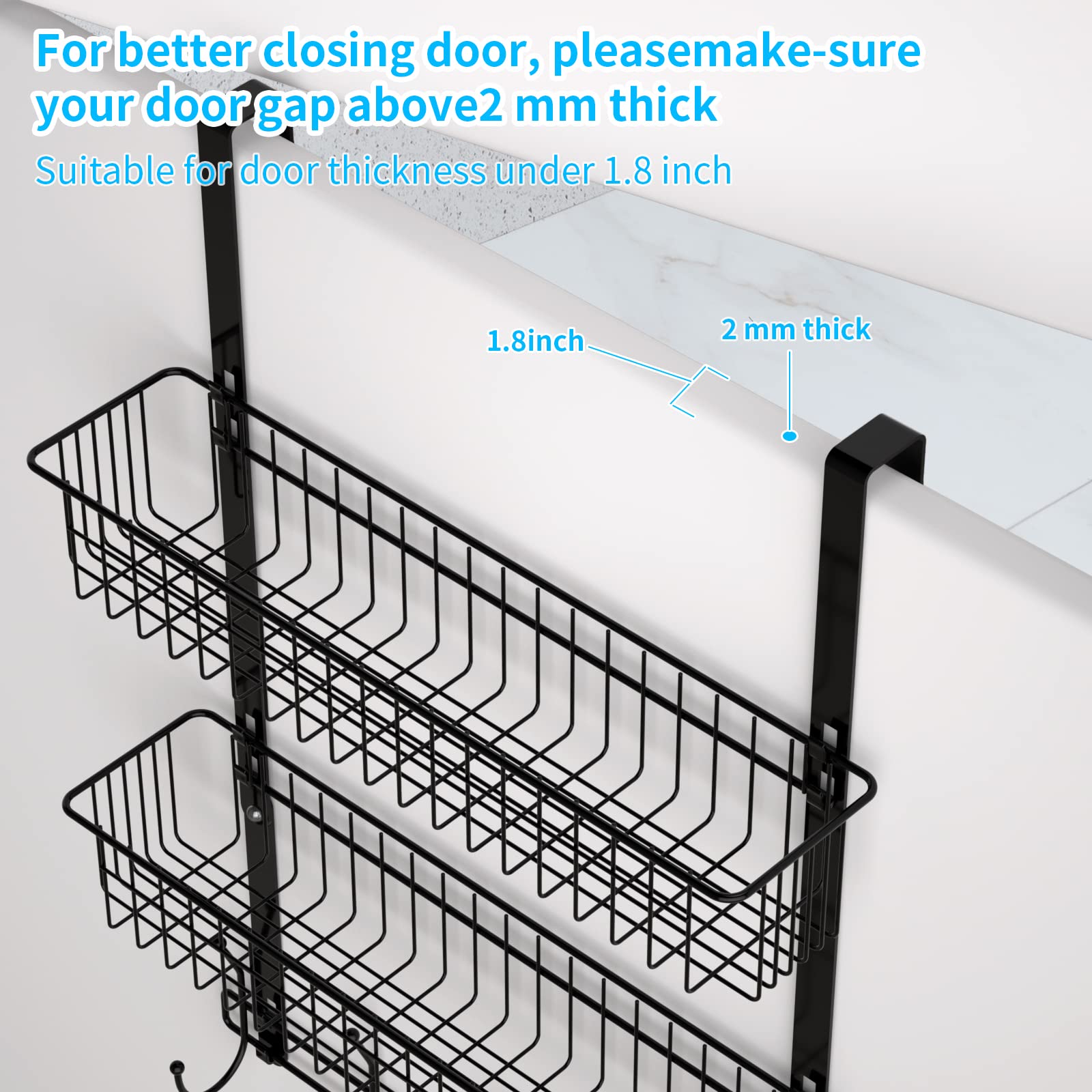 Aimeaihe Over The Door Hooks, Door Hanger Towel Rack with 5 Coat Hooks & 2 Mesh Basket, Over Door Organizer for Bathroom, Bedroom, Kitchen, Office, Easy Installation, Black