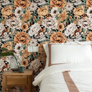 HAOKHOME 93191 Vintage Peel and Stick Floral Wallpaper Removable Large Peony Black/Orange/Pink Vinyl Self Adhesive Mural 17.7in x 9.8ft