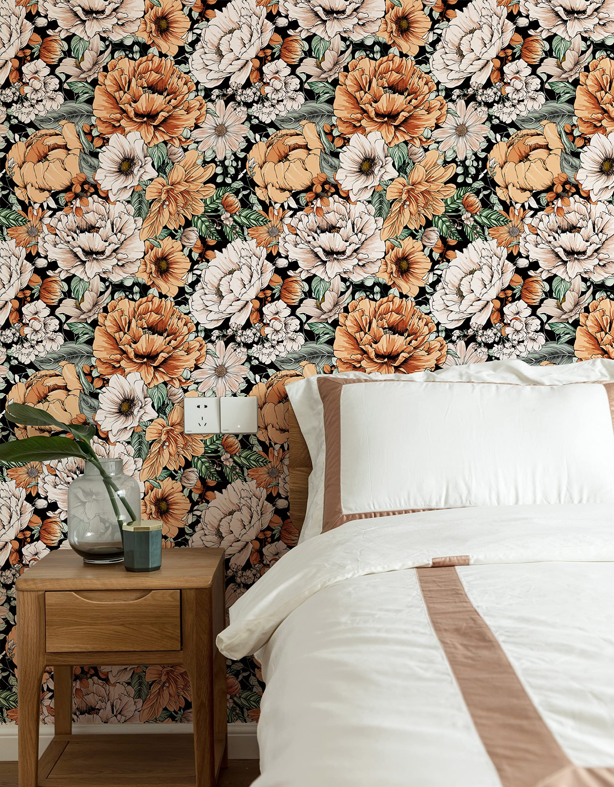 HAOKHOME 93191 Vintage Peel and Stick Floral Wallpaper Removable Large Peony Black/Orange/Pink Vinyl Self Adhesive Mural 17.7in x 9.8ft