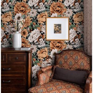 HAOKHOME 93191 Vintage Peel and Stick Floral Wallpaper Removable Large Peony Black/Orange/Pink Vinyl Self Adhesive Mural 17.7in x 9.8ft