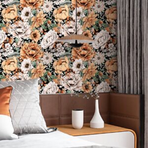 HAOKHOME 93191 Vintage Peel and Stick Floral Wallpaper Removable Large Peony Black/Orange/Pink Vinyl Self Adhesive Mural 17.7in x 9.8ft