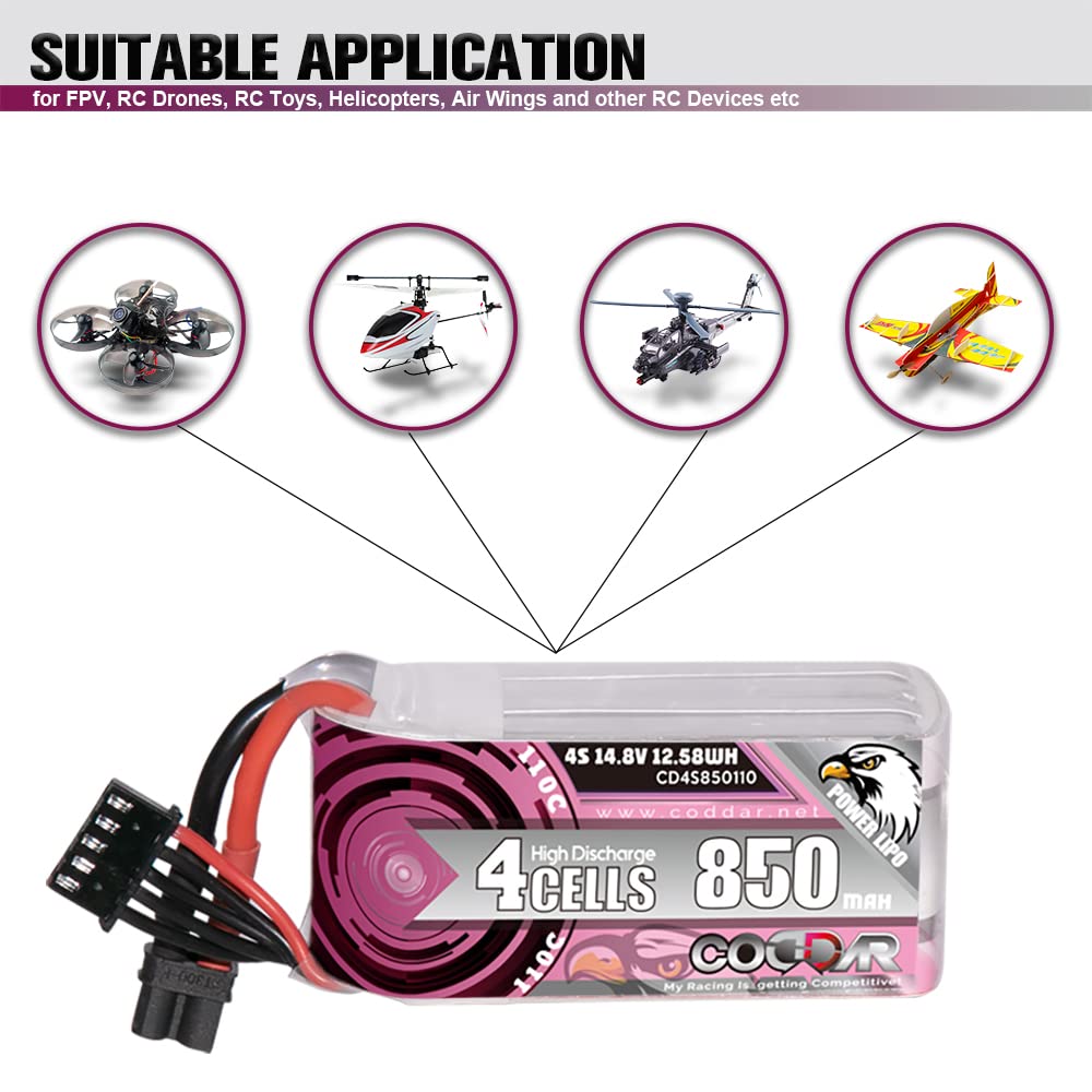 CODDAR 850mAh 4S 14.8V 110C LiPo Battery with XT30 Connector for RC Heli Airplane Quadcopter Helicopter Multi-Motor Hobby DIY Parts,63mm to 101mm Size FPV, 63mm inch to 76mm CineWhoop, CD4S850110