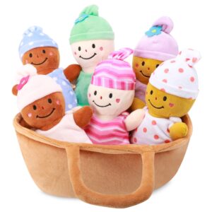 Qpewep Basket Plush Baby Dolls Soft Multicultural Sensory Babies Toy Set 6 Piece Interchangeable Clothes Stuffed Plush Figures for All Ages Gift