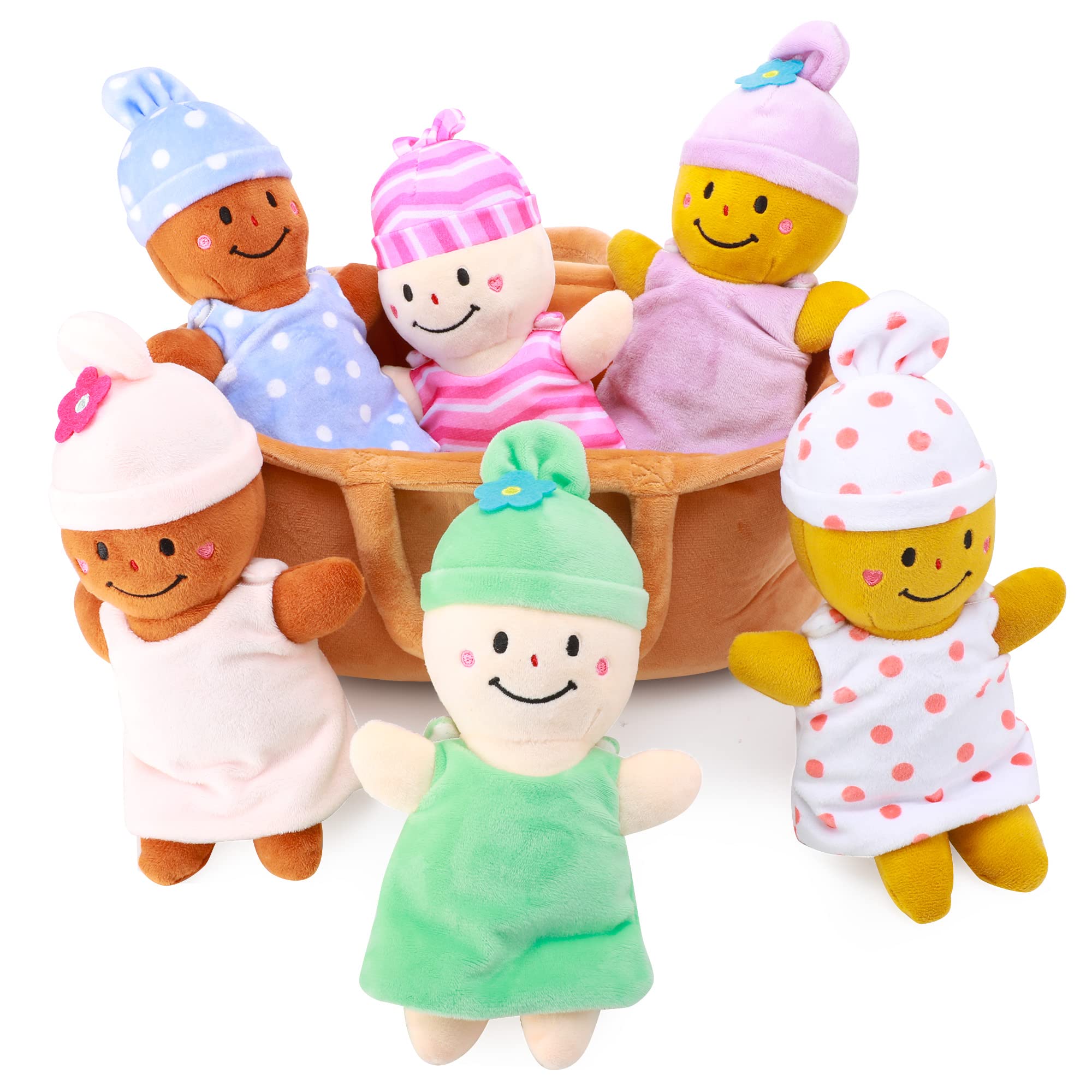 Qpewep Basket Plush Baby Dolls Soft Multicultural Sensory Babies Toy Set 6 Piece Interchangeable Clothes Stuffed Plush Figures for All Ages Gift