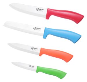 umogi ceramic kitchen knife set with covers in gift box, healthy stain resistant & non-rust, dishwasher safe - colorful knife set include chef, serrated bread, utility & paring knife