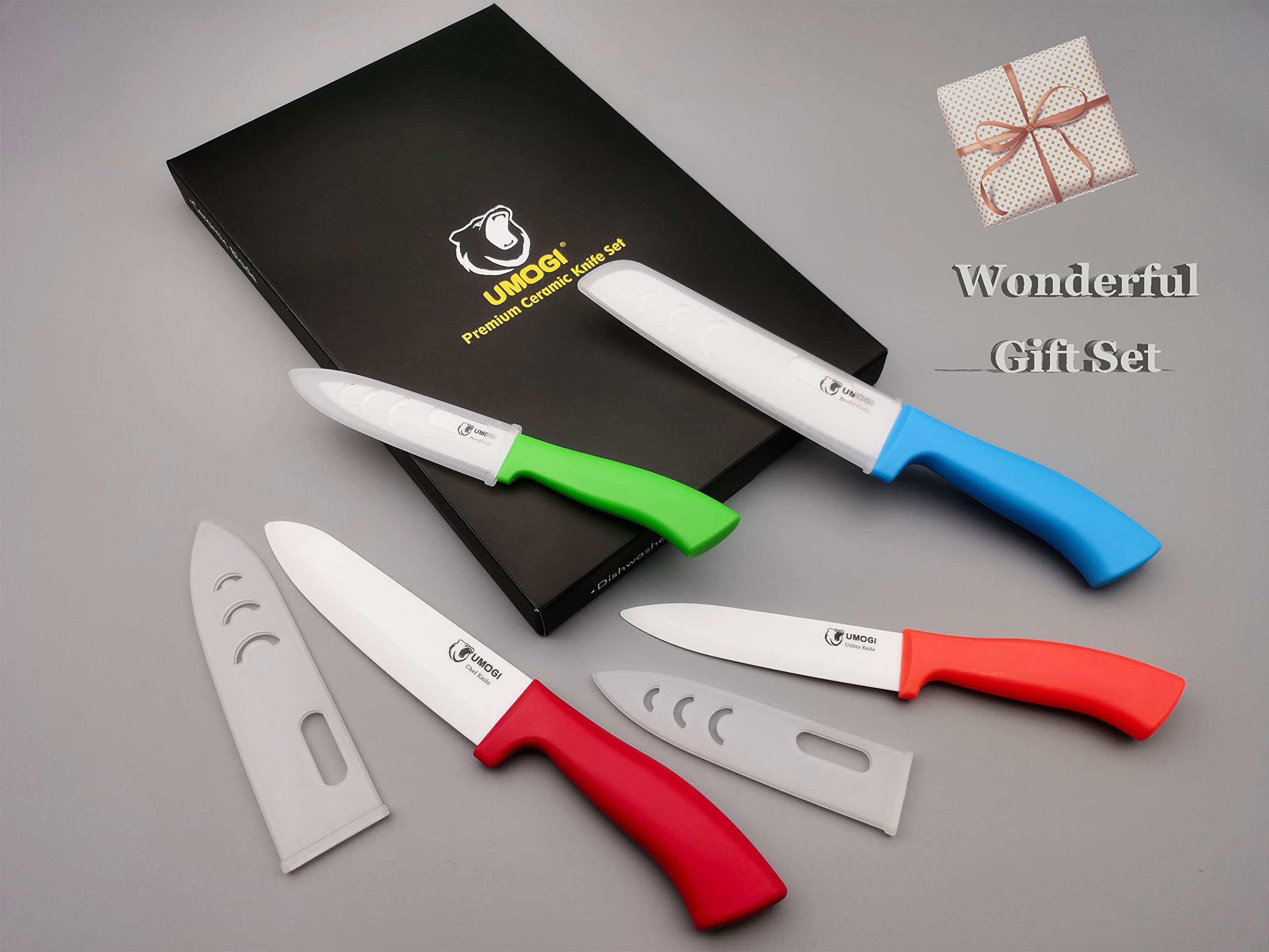 UMOGI Ceramic Kitchen Knife Set with Covers in Gift Box, Healthy Stain Resistant & Non-Rust, Dishwasher Safe - Colorful Knife Set Include Chef, Serrated Bread, Utility & Paring Knife