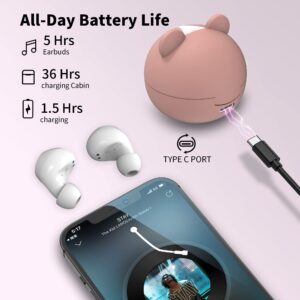 AMAFACE Bluetooth Earbuds Pink Wireless Earbuds for Kids 36H Playtime IPX5 Waterproof Noise Reduction Cordless Girls&Boys Earbuds USB-C LED Display Cartoon Kids Earphones for iPhone Android