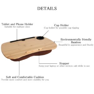 SUMISKY Lap Desk-Portable Laptop Table with Cushion Bamboo Platform Phone Holder L(21.6"x13.8") with Cup Holder