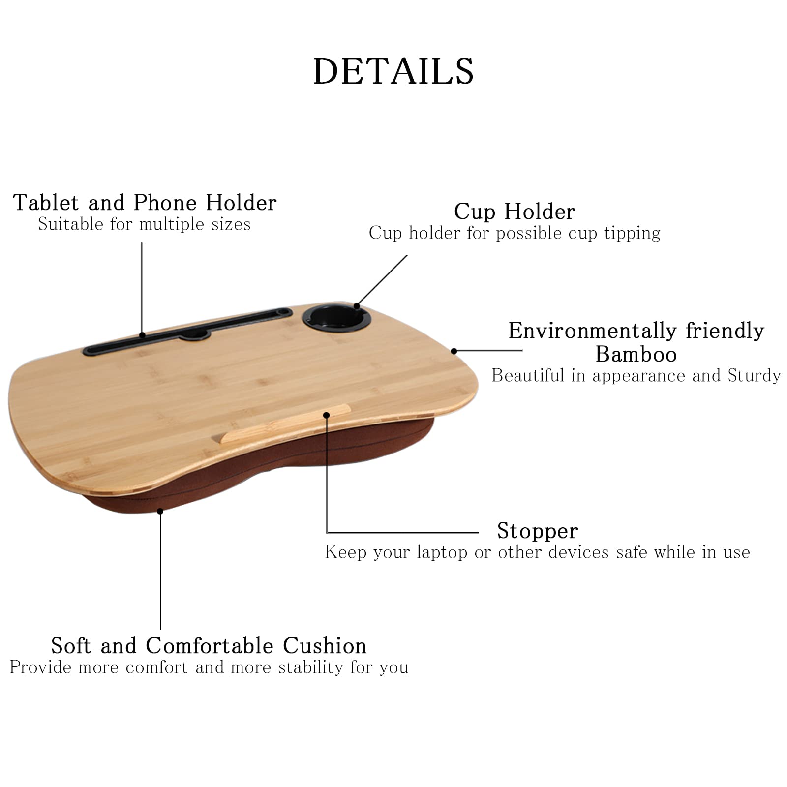 SUMISKY Lap Desk-Portable Laptop Table with Cushion Bamboo Platform Phone Holder L(21.6"x13.8") with Cup Holder