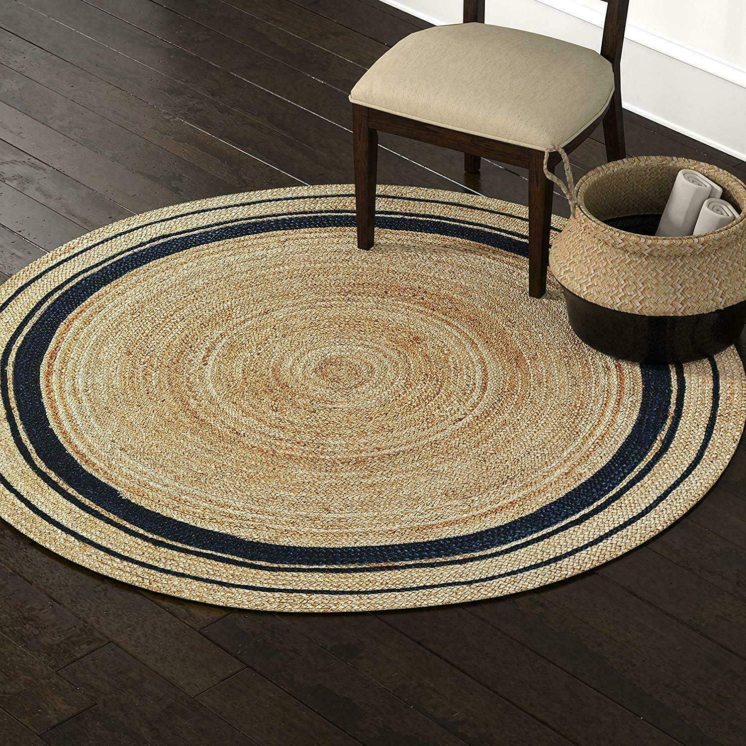 Vipanth Exports Natural Jute Rug Hand Braided Round Area Rug Handmade Rug for Home Decor (2 Feet Round (24 x 24 Inches), Beige + Black Line), VP501RJWB