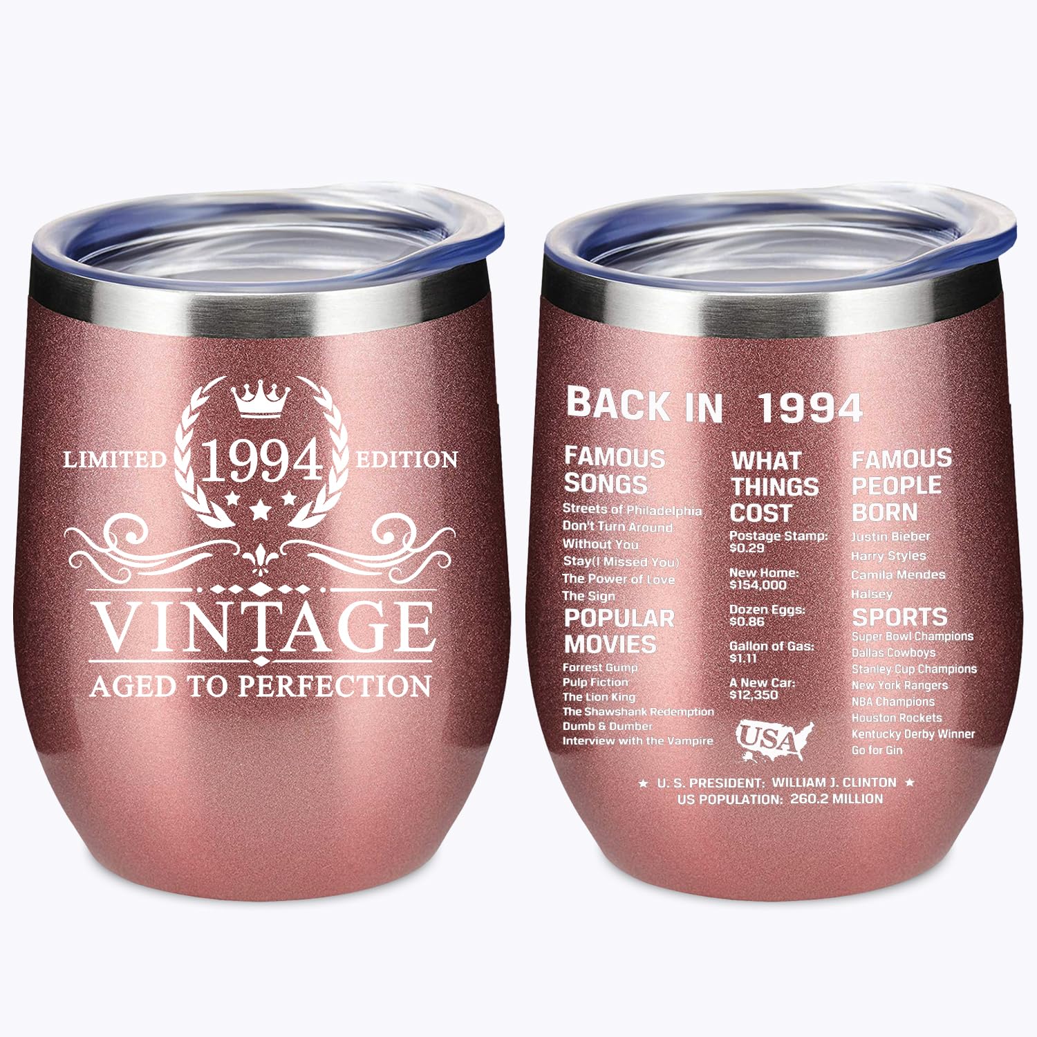 30th Birthday Gifts for Women Friends, 12 Oz Insulated Stainless Steel Wine Tumbler with Lid, Double Side Printed Birthday Thermos cup, Back in 1994 Old Time Information, Best Birthday Gifts