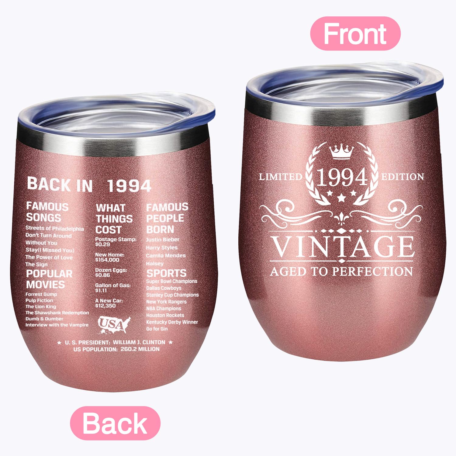 30th Birthday Gifts for Women Friends, 12 Oz Insulated Stainless Steel Wine Tumbler with Lid, Double Side Printed Birthday Thermos cup, Back in 1994 Old Time Information, Best Birthday Gifts