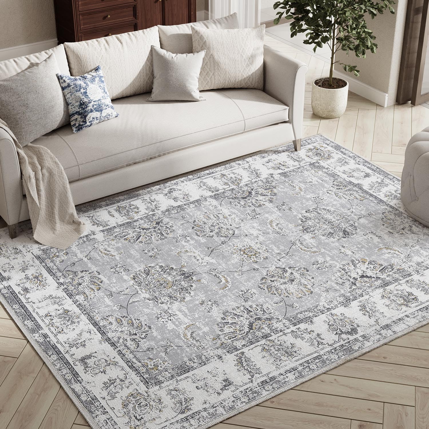 jinchan Washable Area Rug 4x6 Low Pile Bedroom Rug Indoor - Grey Floral Print Stain Resistant Boho Carpet Distressed Vintage - Ultra-Thin Non-Slip Rug Accent Rug Living Room Dining Room