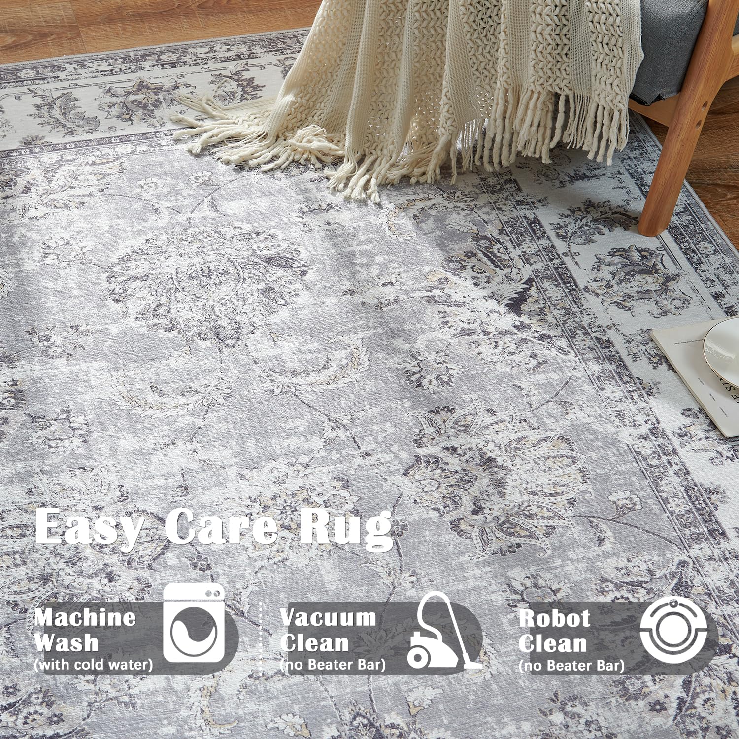 jinchan Washable Area Rug 4x6 Low Pile Bedroom Rug Indoor - Grey Floral Print Stain Resistant Boho Carpet Distressed Vintage - Ultra-Thin Non-Slip Rug Accent Rug Living Room Dining Room