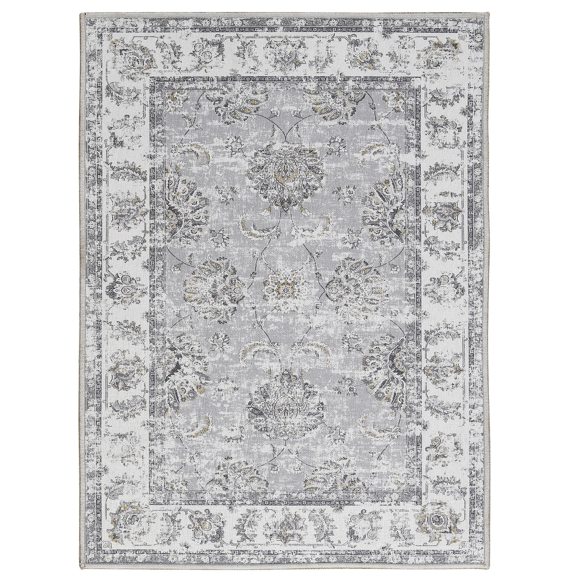 jinchan Washable Area Rug 4x6 Low Pile Bedroom Rug Indoor - Grey Floral Print Stain Resistant Boho Carpet Distressed Vintage - Ultra-Thin Non-Slip Rug Accent Rug Living Room Dining Room