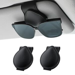 rhino valley sunglasses holders for car sun visor, 2 pack car glasses holder clip organizer eyeglasses mount with card clip for car sun visor magnetic adsorption leather glasses hanger, black