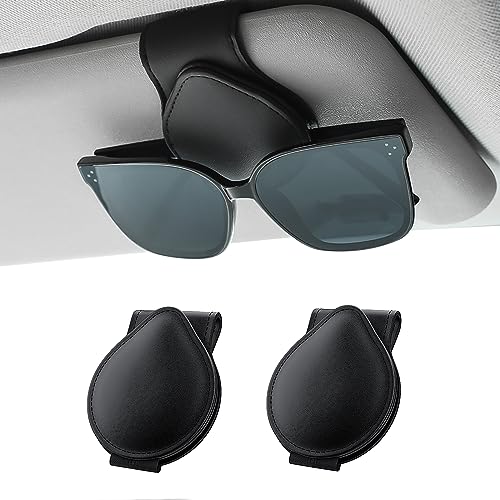 Rhino Valley Sunglasses Holders for Car Sun Visor, 2 Pack Car Glasses Holder Clip Organizer Eyeglasses Mount with Card Clip for Car Sun Visor Magnetic Adsorption Leather Glasses Hanger, Black