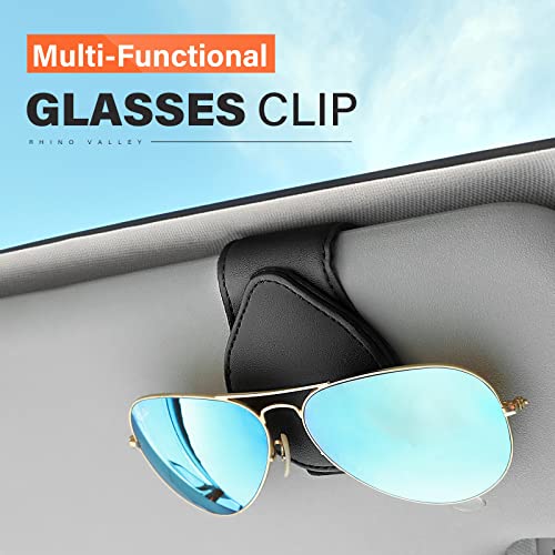 Rhino Valley Sunglasses Holders for Car Sun Visor, 2 Pack Car Glasses Holder Clip Organizer Eyeglasses Mount with Card Clip for Car Sun Visor Magnetic Adsorption Leather Glasses Hanger, Black