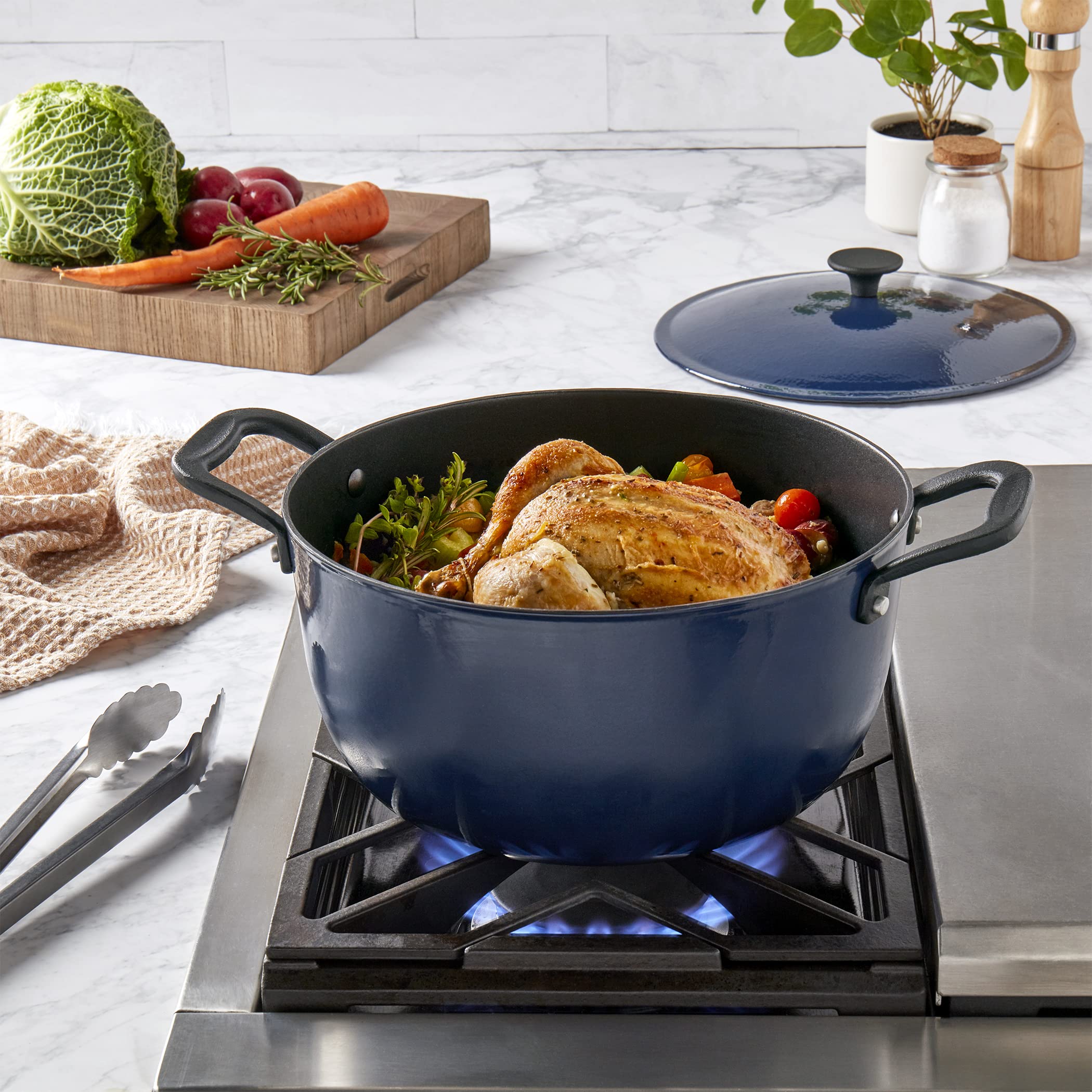 Mason Craft & More Cast Iron Lite-Enameled Pre Seasoned Non-Stick Induction Oven Safe Ultra Durable, 8 Quart Enameled Cast Iron Lite Dutch Oven (Cobalt Blue)