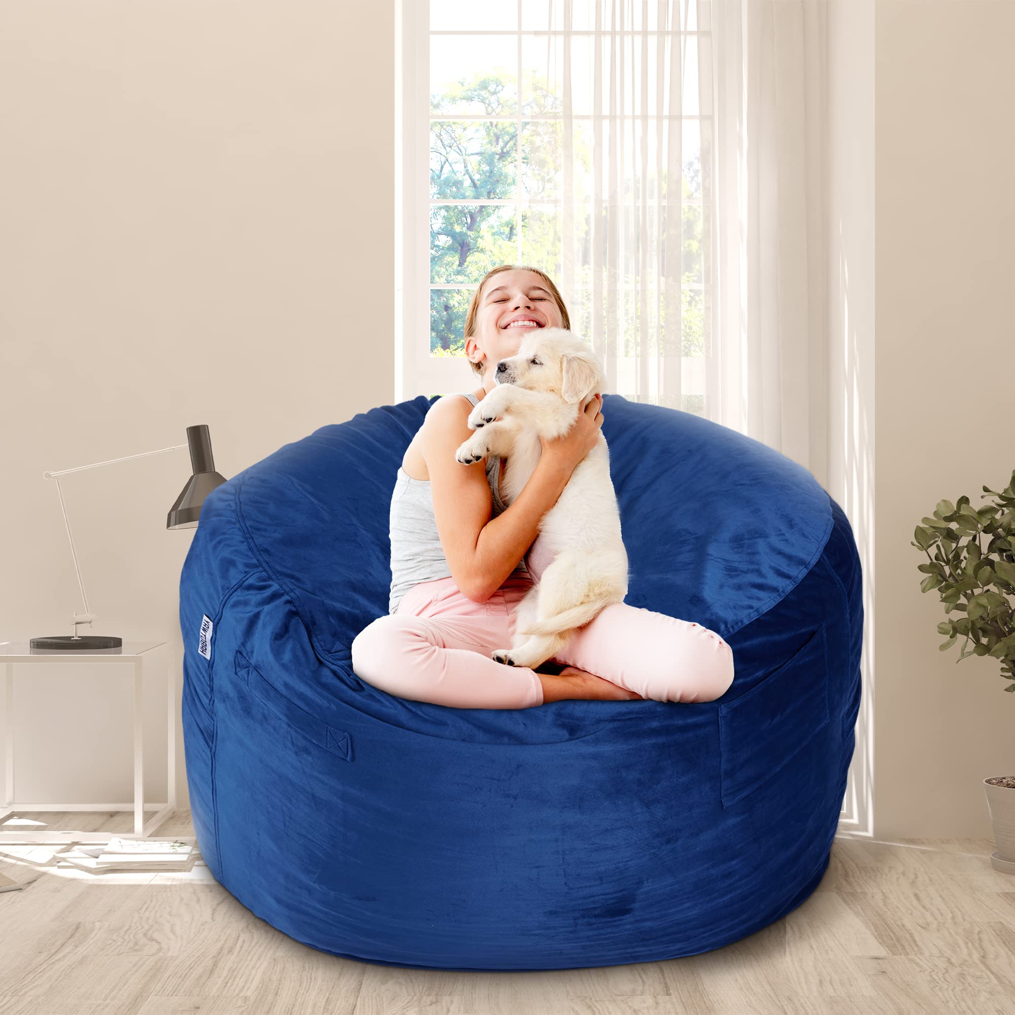 HABUTWAY Bean Bag Chair 3Ft Luxurious Velvet Ultra Soft Fur with High-Rebound Memory Foam for Adults Plush Lazy Sofa with Fluffy Removable Sponge 3'(Dark Blue)