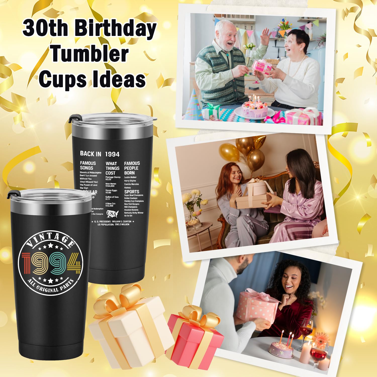 30th Birthday Gifts for Men Women Friends, Tumbler 20 oz Stainless Steel Vacuum Insulated Tumblers, Double Sided Printed Birthday Thermos cup, Back in 1994 Old Time Information - Black