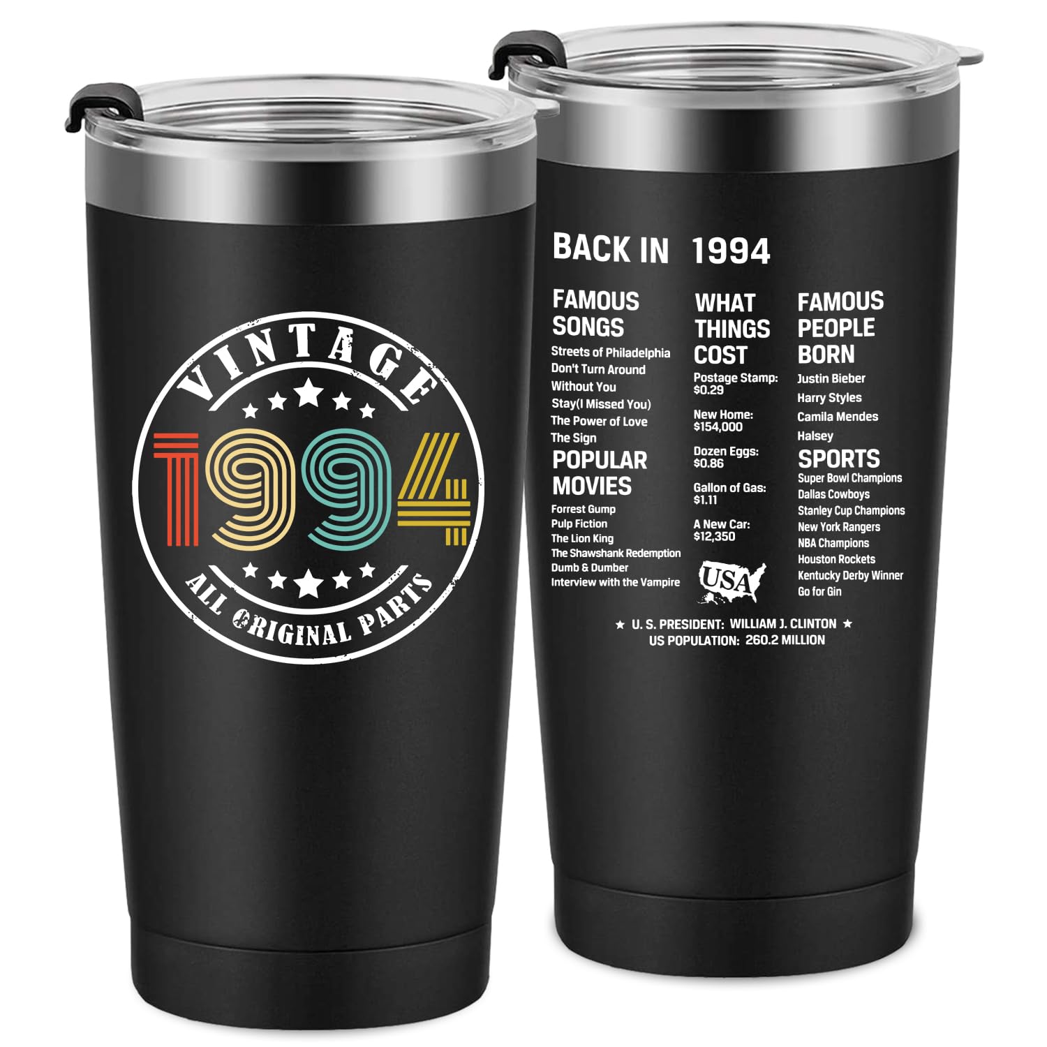 30th Birthday Gifts for Men Women Friends, Tumbler 20 oz Stainless Steel Vacuum Insulated Tumblers, Double Sided Printed Birthday Thermos cup, Back in 1994 Old Time Information - Black