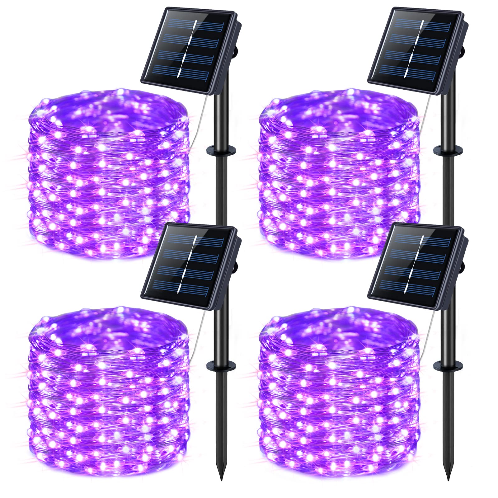 JMEXSUSS 4 Pack Purple Solar Christmas Lights, 100 LED 33ft Purple Solar Fairy Lights, 8 Modes Copper Wire Solar String Lights Outdoor Waterproof for Halloween Christmas Garden Yard Tree Decor