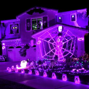 JMEXSUSS 4 Pack Purple Solar Christmas Lights, 100 LED 33ft Purple Solar Fairy Lights, 8 Modes Copper Wire Solar String Lights Outdoor Waterproof for Halloween Christmas Garden Yard Tree Decor