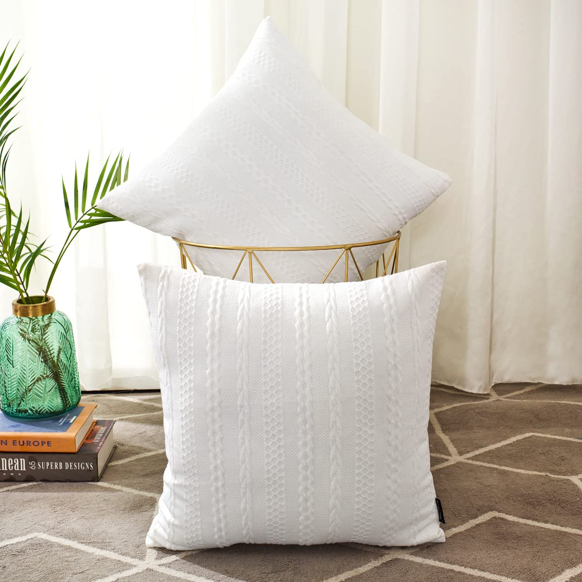 Booque Valley Pack of 2 Decorative Throw Pillow Covers, Ultra Soft Modern Braid Patterned Square White Cushion Covers Stretchy Pillow Cases for Sofa Couch Bedroom(18 x 18 inch, White)