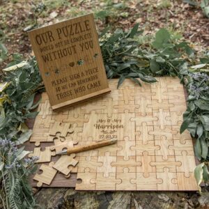 Wedding guest book alternative jigsaw puzzle personalized guestbook | laser engraved wooden pieces for party engagement reception anniversary (150 piece - Cursive Font)