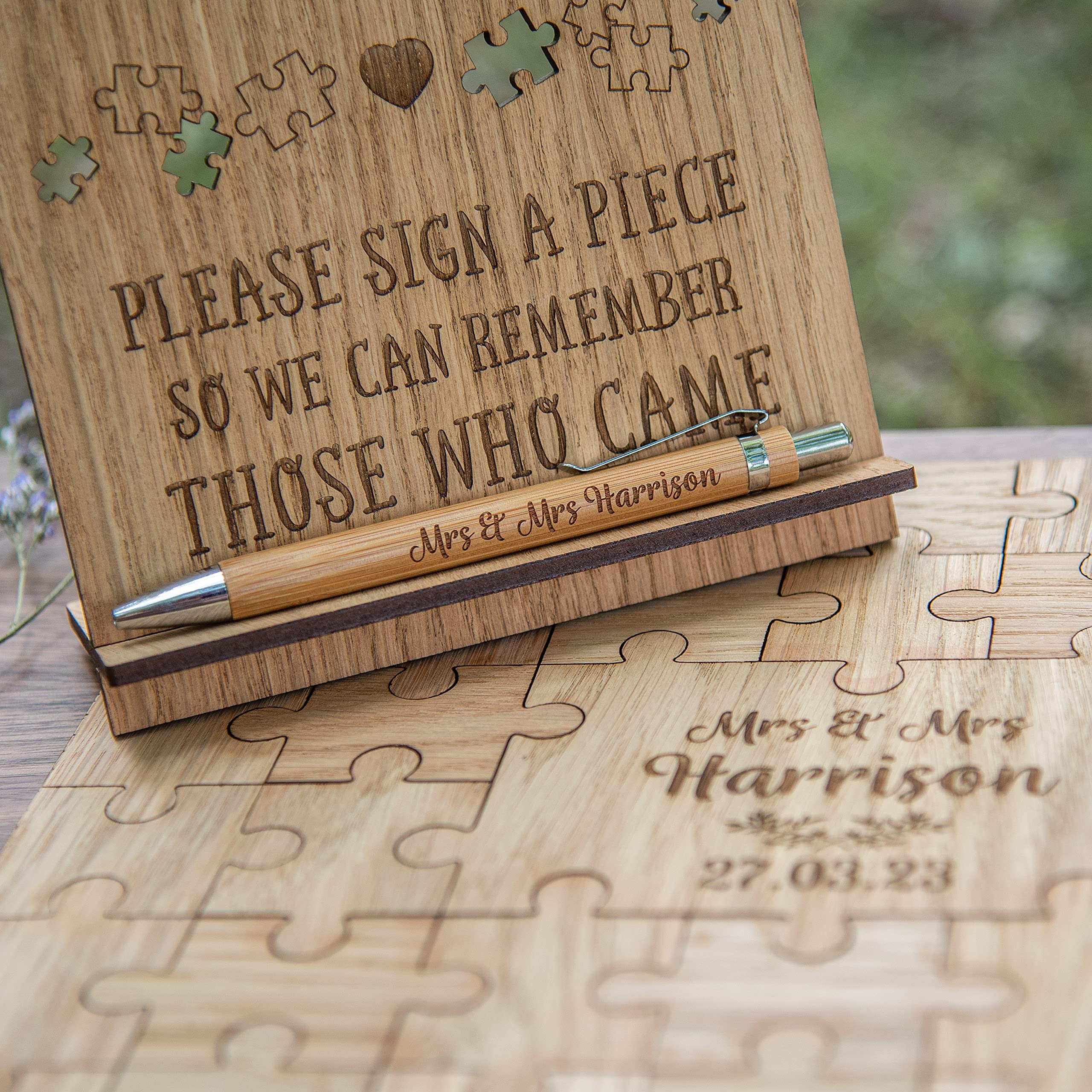 Wedding guest book alternative jigsaw puzzle personalized guestbook | laser engraved wooden pieces for party engagement reception anniversary (150 piece - Cursive Font)