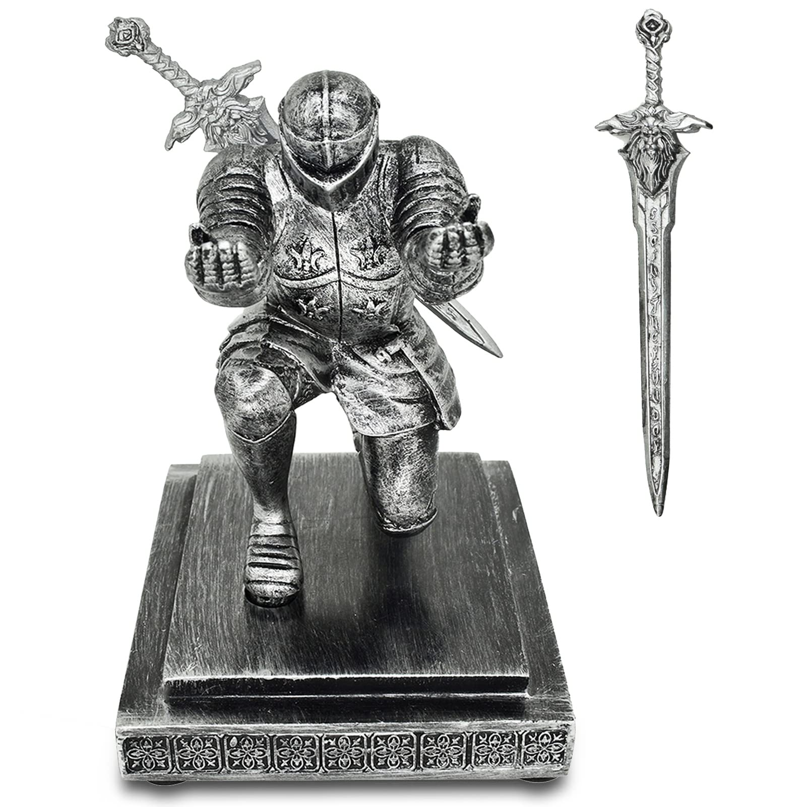 Knight Pen Holder with a Sword Kneeling Soldier Pencil Stand Desk Organizers Fancy Cool Medieval Gift for Men Dad Boyfriend Husband Son Office Home Decor