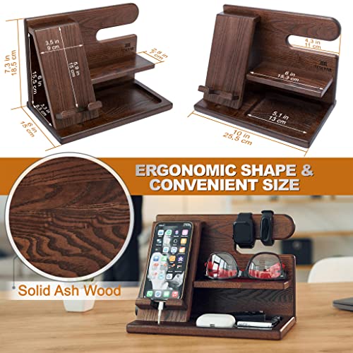 TESLYAR Wood Phone Docking Station Ash Key Holder Wallet Stand Watch Organizer Men Gift Husband Wife Anniversary Dad Birthday Nightstand Purse Father Graduation Male Travel Idea Gadgets… (Deep Brown)