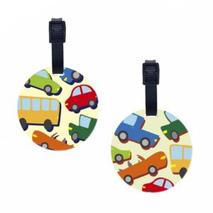 setgo car name tag for kids, plastic backpack tag, set of 2, customized tag – great for boys and girls at school daycare kindergarten (cars & wheels)