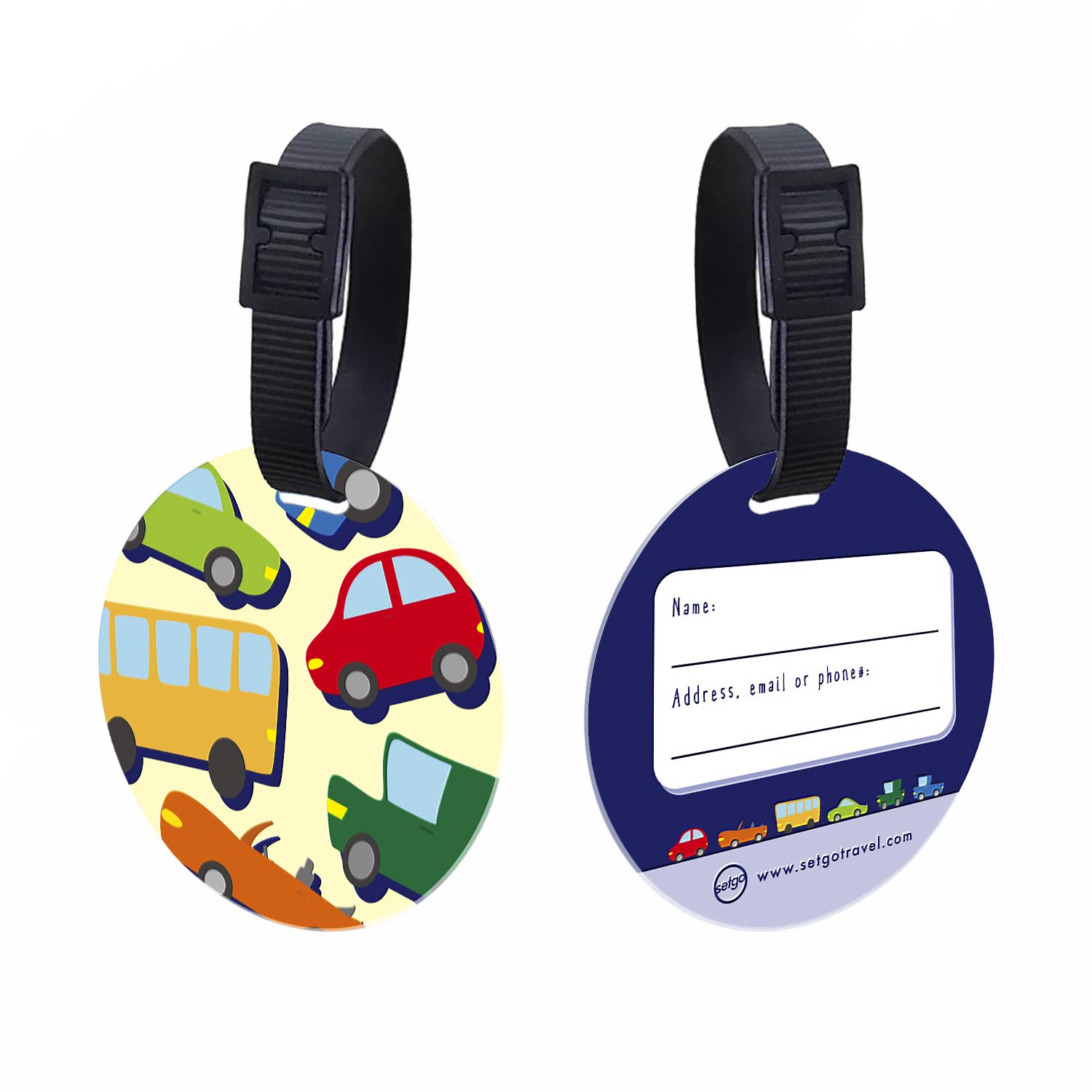 SetGo Car Name Tag for Kids, Plastic Backpack Tag, Set of 2, Customized Tag – Great for Boys and Girls at School Daycare Kindergarten (Cars & Wheels)