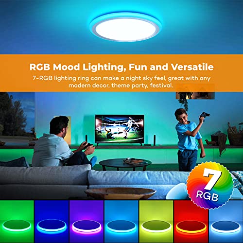 BLNAN RGB Led Flush Mount Ceiling Light with Remote Control, 13Inch 24W 2400LM 3000-6500K Dimmable Color Changing Light Fixture, Modern Round White Ceiling Lamp for Bedroom Kids Room Party Festival